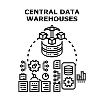 Central data warehouses storing analyzing business information Stock Illustration