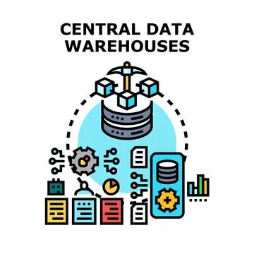 Central data warehouses storing analyzing business information Stock Illustration