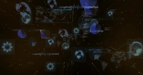Central data widget cluster activating on pulse, expanding and scrolling to Stock Illustration