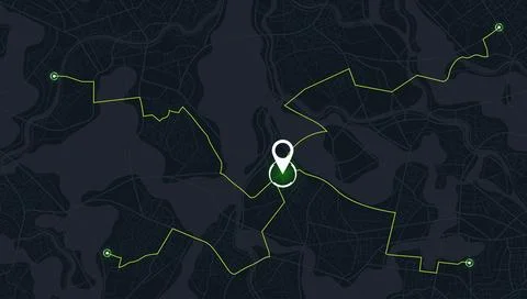 Central destination pin with multiple glowing green paths converging Stock Illustration