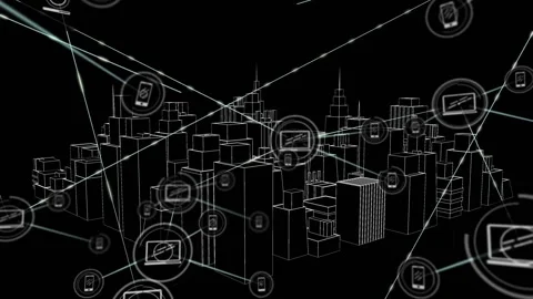 Central device node appearing wireframe city forming network to show Stock Footage 330238422