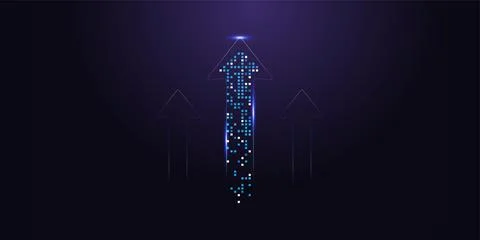 A central digital arrow composed of pixels surges upward, symbolizing the d.. Illustrazione stock