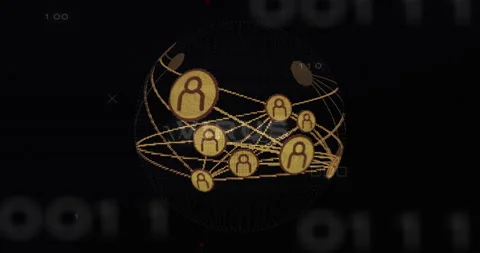 Central digital globe rotating in dark network scene, showing user icons Stock Footage 309103824