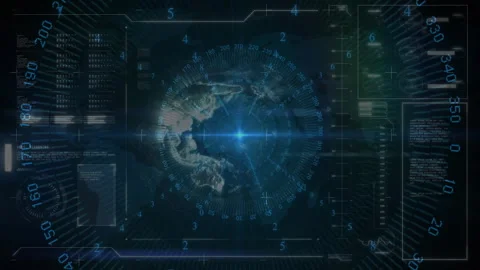 Central digital globe spinning within concentric grid, showing numeric overlays 動画素材 307550956