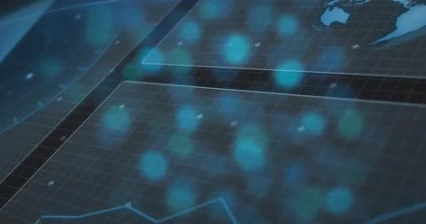 Central digital grid receiving live analytics feed, animating teal nodes and Stock Illustration