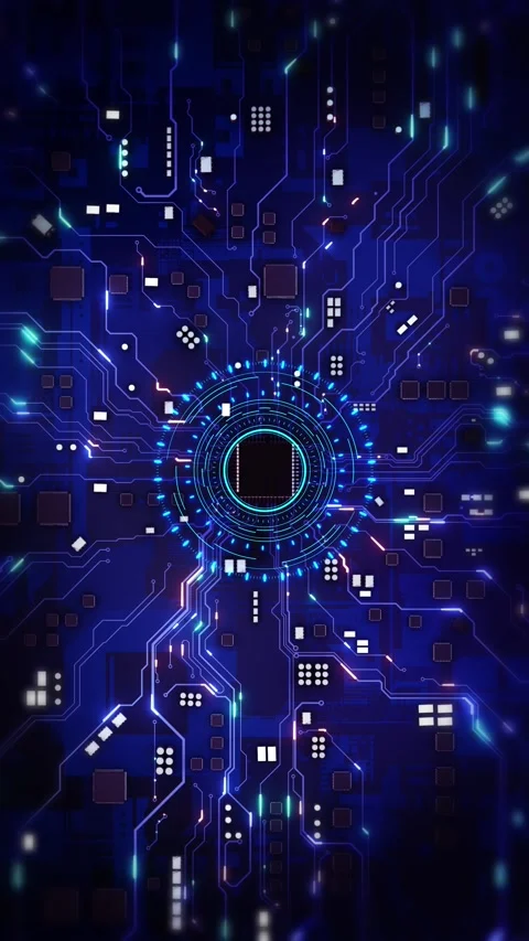 Central digital processor hub intricate electronic circuits and glowing pathways Stock Footage 341907999