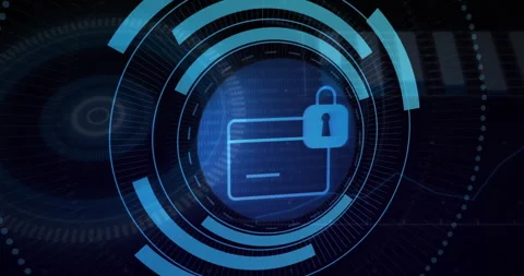 Central digital security interface showing rotating rings, streaming binary Stock Footage 307443090