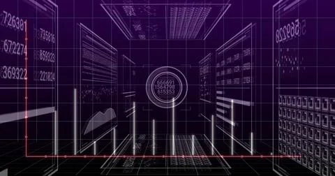 Central display projecting three stacked numbers in command room, with panels 스톡 사진