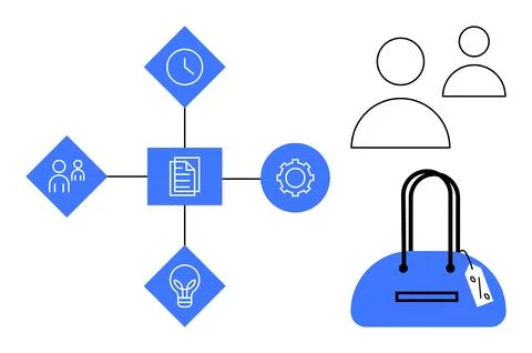 Central document icon connected to clock, people, gear, lightbulb icons, user Stock Illustration