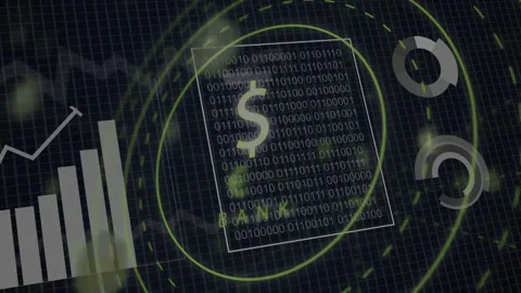 Central dollar-sign icon fading and rotating, charts rising and panels sliding Stock Footage 333936645