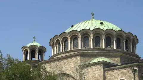 The central dome and bell tower of the Church of St. Nedelya against a blue sky. Stock Footage 334155055