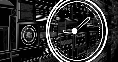 Central dot appearing circular HUD rotating hands and shifting right showing Stock Footage 330192005