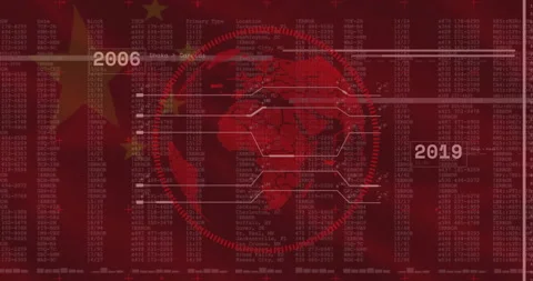 Central dotted globe rotating in red data interface, displaying error code Stock Footage 309067351