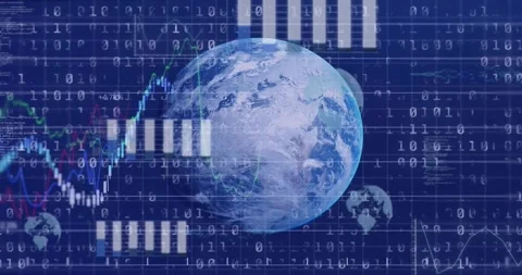 Central Earth globe anchoring binary stream starting, adding bars and lines, Stock Footage 321100364