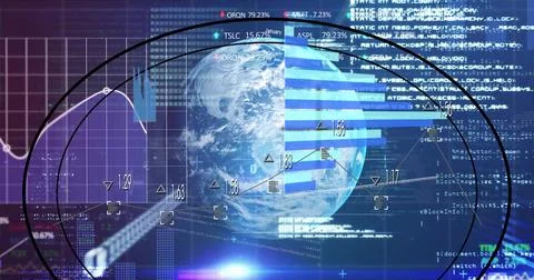Central Earth globe rotating on dashboard, with bar charts, line graphs, code Foto stock
