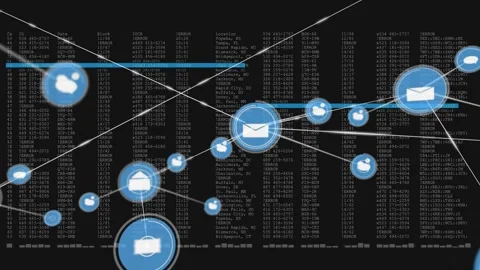 Central envelope sparking node spawn, icons linking via lines across black field Video stock 331048311