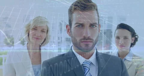 Central executive flanking two colleagues as data overlays starting scroll Stock Footage 328396495