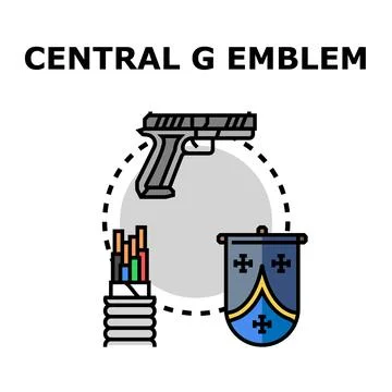 Central g emblem with firearm, cable, and banner Stock Illustration