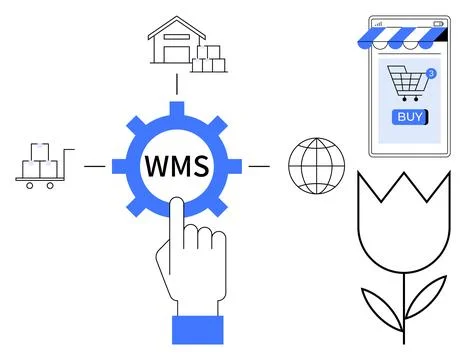 Central gear labeled WMS, surrounded by warehouse, shopping cart with boxes,  Stock Illustration