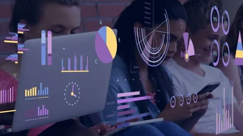 Central girl tapping phone, creating charts drifting over brick, classmates Stock Footage 335731944