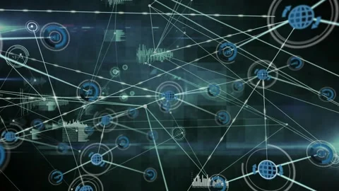 Central globe node appearing network blue nodes extending links pulsing rings Stock Footage 330547186