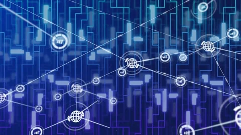 Central globe pulsing and spawning chart nodes and globes, expanding tech Stock Footage 332468750