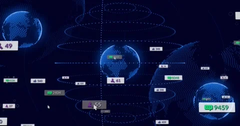 Central globe rotating, badges moving, counts growing, cursor hovering causing Stock Footage 321783292