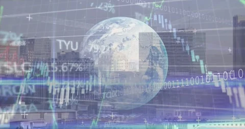 Central globe staying over skyline with streak starting data layers animating Stock Footage 328331114