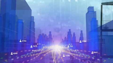 Central glow brightening, data viz moving user counts toward horizon, Stock Footage 323241722