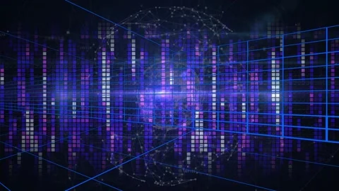 Central glow brightening, wireframe globe emerging and pulsing over bars, Stock Footage 323384890