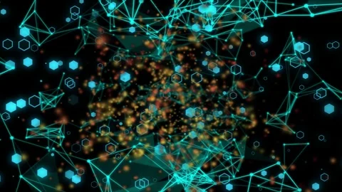 Central glow rising, particles pulsing, spilling into shifting teal mesh, Stock Footage 335739321
