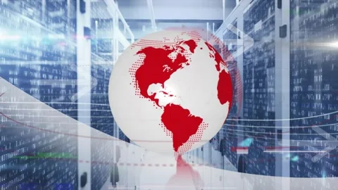 Central glow starting globe rotating right, red lands shifting while showing Stock Footage 321070684