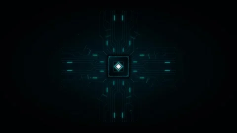 Central glowing microchip with radiating circuit pathways forming a cross s.. 動画素材 335826447