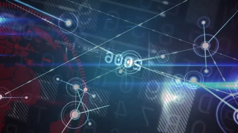 Central glowing node appearing linking nodes, pulsing circles and expanding red Video stock 311417063