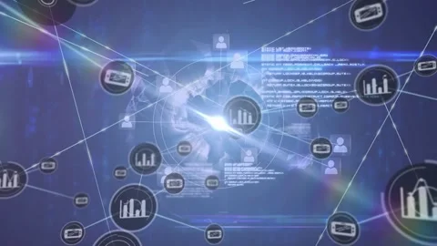 Central glowing node emitting glow, sparking nodes spawning and linking to form Video stock 329115286