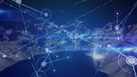 Central glowing node initiating growing network over low-poly peaks, lines Stock Footage 317858560