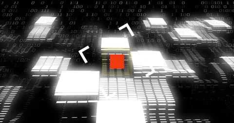 Central glowing platforms being rendered in 3D data matrix, showcasing floating Stock Footage 307451099