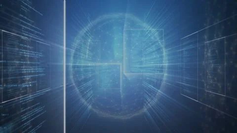Central glowing sphere emitting data pulse, moving forward showing network in Stock Footage 332731757