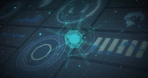 Central glowing turquoise polygon network floating within hologram grid Stock Footage 309106260