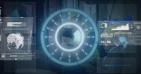 Central graphic featuring radial arrows in lab with code windows behind labcoat Stock Illustration
