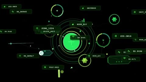 Central green HUD node pulsing on load, animating labels and PING_1224, Vidéo 335404324