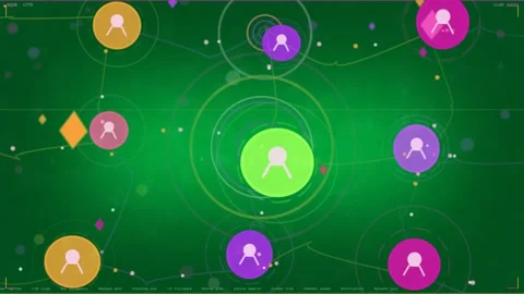 Central green node pulsing, activating rings on transparent bg, beads moving Video stock 334118721