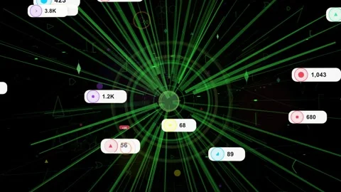 Central green node pulsing and launching beams when receiving metrics, arranging Stock Footage 335404183