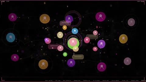 Central green node pulsing, starting rings, drawing links, popping chat bubbles, Stock Footage 335424833