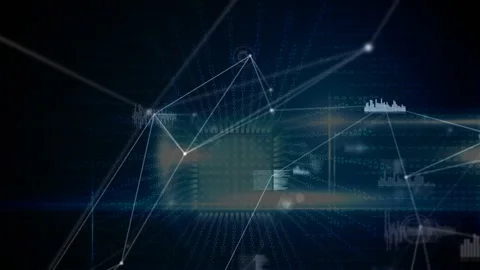 Central grid lighting and powering mesh network growing nodes pulsing glyphs Stock Footage 328384314