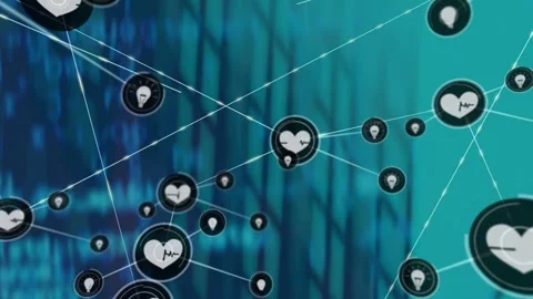 Central heart hub getting top-left line, causing health network growth, spawning Vídeo Stock 333509957