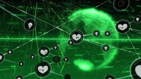 Central heart node emitting links and growing network, visualizing health data Stock Footage 330426276