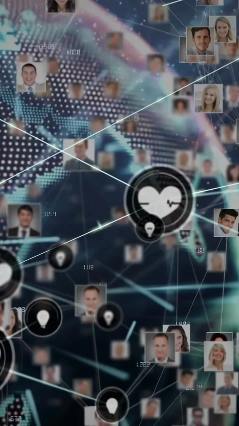 Central heart node pulsing, drawing lines that link profiles across dotted globe Stock Footage 330720706