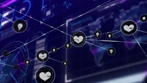 Central heart node sending lines across navy dashboard, forming Stock Footage 332577399
