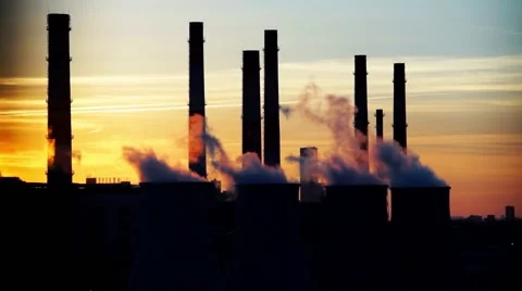 Central heating and power plant on beautiful colorful sunset background Stock Footage 60031337